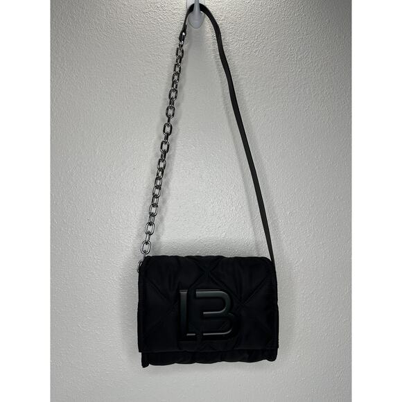 BYL Small Black Padded Nylon Crossbody Bag Leather & Chain Strap - Picture 4 of 16